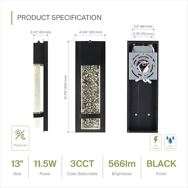 ASD LED 13 Inch Wall Light Fixture 12W 3000K-5000K Flush Mount Sconce Black