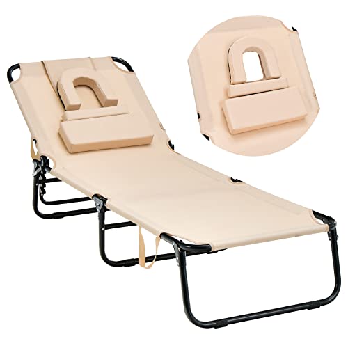 GIANTEX Tumbona Plegable para Bronceado, con Agujero para la Cara y Almohada Extraíble, Respaldo y Reposapiés Ajustables, Sillón Portátil para Piscina y Playa (Beige)