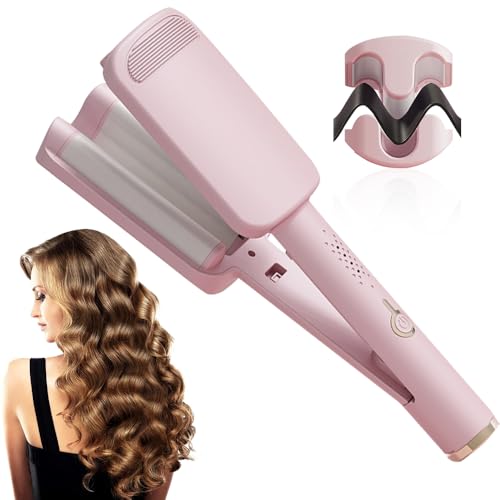 Big Wave Hair Curler, 32mm French Wave Curling Iron with 4 Temperature Fast Heating French Egg Roll Curling Iron V Shaped Waver Curling Wand for All Hair Types Hair Curling Iron 160-220°C (Pink)