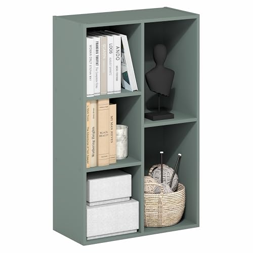 Image of Furinno LUDER Book Shelf, 5-Cube Bookshelf, Reversible Bookcase, 9.4 x 19.5 x 31.5, Easy Assembly, for Living Room, Bedroom, Home Office, Sage Green