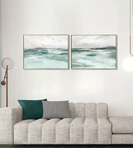 Abstract Seascape Canvas Wall Art - Framed Teal Watercolor Abstract Coastal And Ocean Waves Artwork For Living Room Decor #TOP2