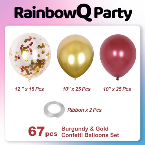 Image of Metallic Burgundy and Gold Balloons 12 Inch 67PCS Gold Maroon Shiny Confetti Balloons Latex Helium Balloon Set for Graduation Wedding Birthday Party Decorations
