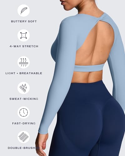 Image of Aoxjox Women's Define Sculpt Long Sleeve Crop Tops | buttery soft fabric,curved hem,hollow back, low support, removable pads, workouts,yoga,gym, daily wear