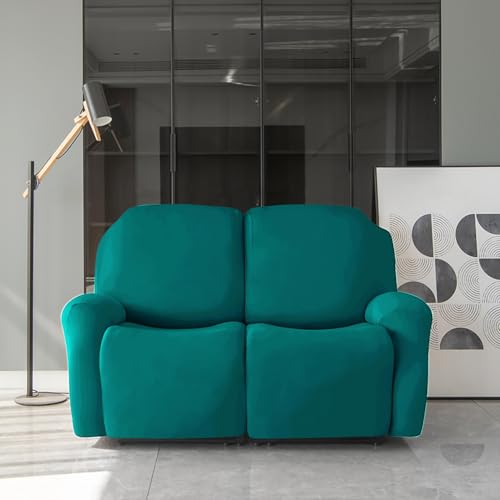 Image of HOKIPO 'SereneSolids' 140 GSM 6-Pieces Elastic Stretchable Recliner Sofa Cover 2 Seater Fully Covered Soft Washable Sofa Slipcovers Furniture Protector, Teal (NEW2-4741-TEAL)