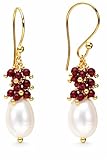 Gempires Fresh Pearl Drop Earrings for Women | 14k Gold Plated Pearl & Red Garnet Gemstone Bead Dangle Earrings | Hypoallergenic French Hook Jewellery | Elegant Gift for Her