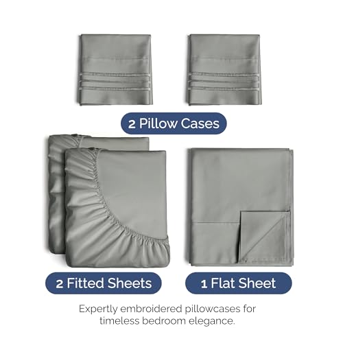 Image of Split King Size 5 Piece Sheet Set - Soft & Cooling Bed Sheets - Slate Grey | Fits 8 Inch to 16 inch Mattress, Wrinkle Free & Fade Resistant with Deep Pockets, Breathable, Comfy Hotel Luxury Bedding
