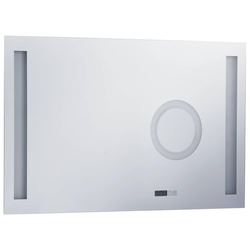 Lustro łazienkowe LED, czujnik dotykowy, 100 x 60 cm, srebrne szkło, aluminium, oświetlenie 12 W, ochrona IP44 i wyświetlanie czasu, w zestawie lusterko powiększające do makijażu i golenia