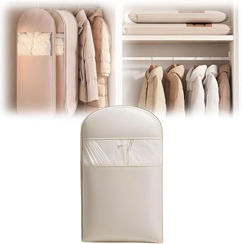 DAO-UPPSE Heavy Duty Hanging Clothes Storage Bag with Self Compression Zipper Space Saving Organizer for Winter Coats Suits 3 Sizes(Beige,M)