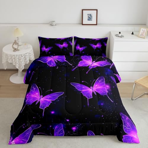 Image of Erosebridal Neon Purple Butterflies Comforter Full Size for Kids Boys Girls,Starry Sky Bedding Set,Outer Space Galaxy Duvet Insert,Elegant Wildlife Quilt Bedroom Decor