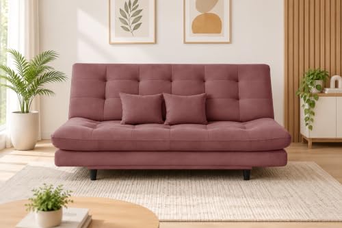 Image of 3-Seater Velvet Sofa Cum Bed | Tufted Convertible Sleeper Sofa | Plush Cushioned Seating | Space-Saving Design for Living Room, Bedroom & Office | Rose Pink
