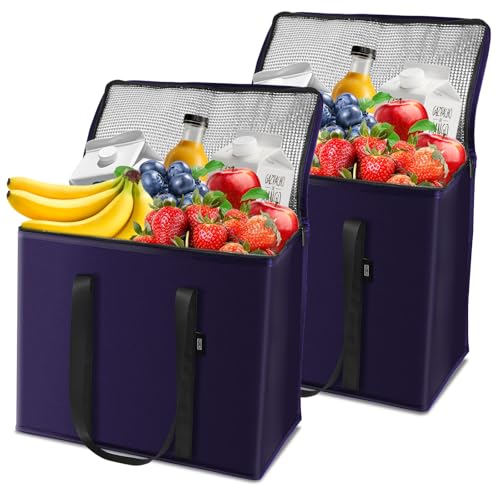 ORILUME 2-Pack Reusable Insulated Grocery Bags with Zippered Top, Heavy Duty Cooler Bags for Frozen Foods, Waterproof and Foldable Bag for Cold Storage & Travel– Dark Purple
