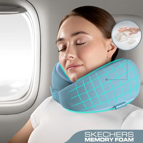 Image of Skechers Women's Memory Foam Neck Pillow, Comfortable & Breathable Travel Pillow,Neck Pillow Airplane for Travel, Car Rides, Home, and Office Use, Ergonomic Design for Men and Women,Light Blue