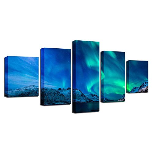 Impression sur toile HD aurore bleu-vert en 5 panneaux pour une décoration murale lumineuse