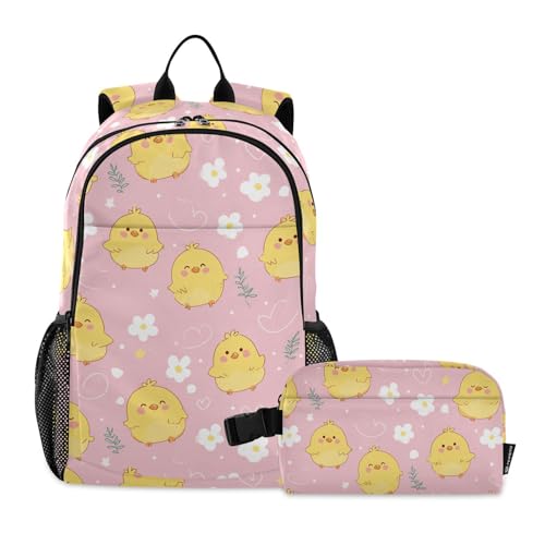 Kids Backpack Set with Lunch Box Chick Chicken Heart Star Preschool Backpack Bookbag School Bag Cute Backpack Set for Teen Girls Boys