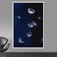 Framed Canvas Wall Art Jellyfish Bedroom Colorful Jellyfish Marine Life Multicolor Neon Photography Tropical - 16x24 inches