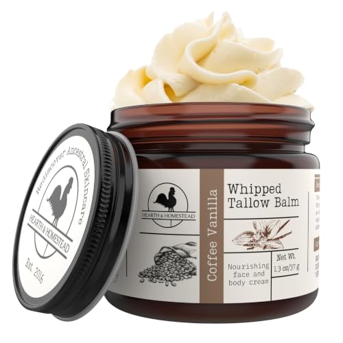 Image of Hearth & Homestead Whipped Beef Tallow for Skin & Face - 100% Grass Fed, Eczema Cream & Body Butter, Organic Olive Oil, Calendula & Rose, Lotion & Hand Moisturizer for Dry Skin, Coffee Vanilla, 1.3oz