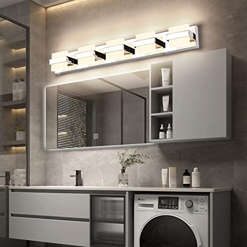 Image of SOLFART 5 Lights Chrome Bathroom Light Modern LED Vanity Lights for Bathroom Light Fixture 34 inch Warm Light Non Dimmable