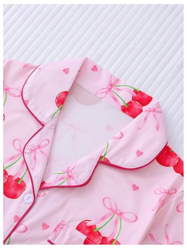 WDIRARA Women's 2 Piece Bow Cherry Print Pajama Set Short Sleeve Button Down Shorts Sleepwear Pjs4