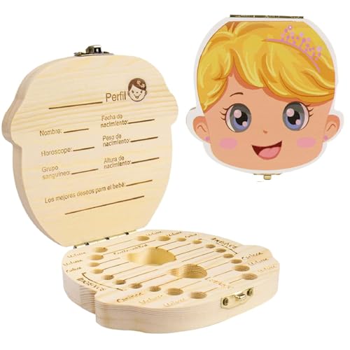 BARAC Caja de Dientes, Caja para Dientes de Leche en Español, Caja en Madera para Niños y Niñas como Regalo Souvenir para Guardar Dientes (Princesa Rubia)
