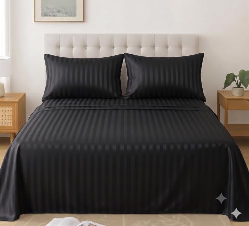 Image of Satin Striped Glace Cotton Double bedsheet with 2 Pillow Cover | Soft & Smooth Finish | Double Bed bedsheet 90 x 90 Inch | Pillow Cover 18 x 28 Inch | Breathable, Fade Resistant