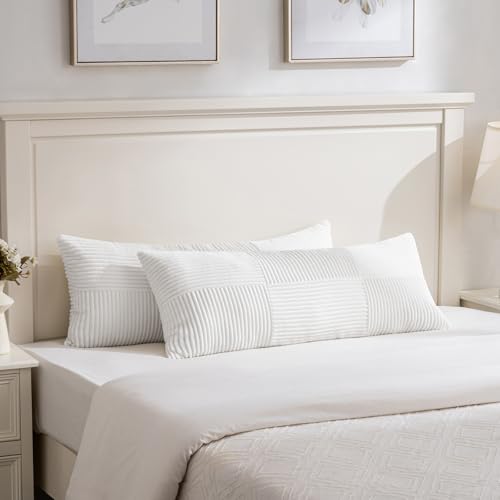 Image of Fancy Homi Set of 2 White Boho Long Lumbar Body Decorative Throw Pillow Cover 14x36 Inch for Bed Couch Bedroom Bench, Soft Patchwork Corduroy Textured Pillow Case, Rustic Farmhouse Room Decor