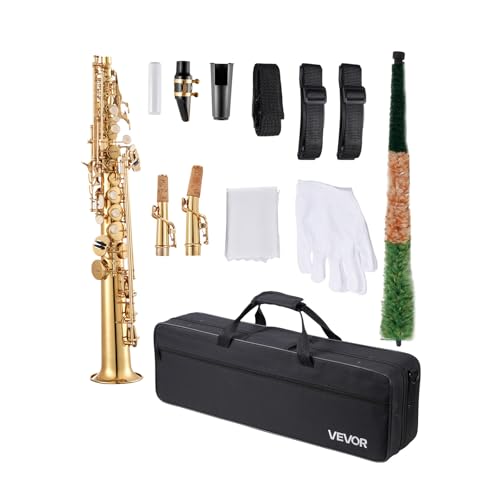 VEVOR Sopransaxophon, B-Dur, Messing-Saxophon-Anfängerset mit Tragetasche, Mundstück, Reinigungstuch, Stab, Handschuhen, Umhängeband, 23-Tasten-Sax-Set, für Anfänger & Schüler, Gold