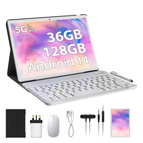 LINROM 10 Inch Android 14 Tablet with 5G WiFi & WiFi 6, 36GB RAM+128 GB ROM(1TB Expandable), Octa Core 2.0 GHz, 8000mAh, 5MP+8MP, FHD, WLAN, Bluetooth, GPS, Tablet with Keyboard ect (Gold)