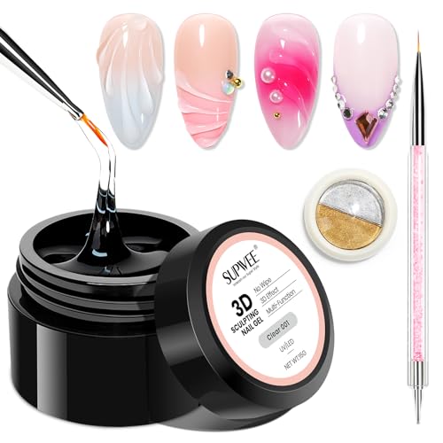 SUPWEE 3D Gel Nail Art with No Wipe Chrome Powder Sculpting Painting Gel for Nail Charms Rhinestone Decoration Adhesive with Nails Art Brushes DIY Manicure at Home