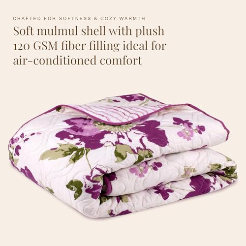 Image of HUESLAND Reversible AC Quilt Blanket Single Bed | 100% Cotton Quilted Shell, Super Soft 120 GSM Microfibre Wadding | Lightweight Comforter for All Weather Use | 55 x 88 inches, Floral Fusion