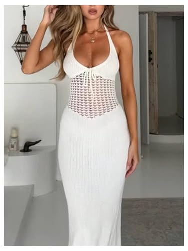 Milumia Women's Hollow Out Tie Backless Halter Beach Dress Sexy Deep V Neck Knitted Maxi Dresses4