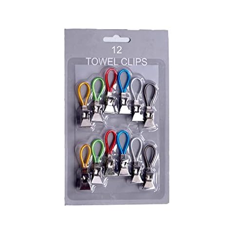 WHITE HILL 12 x Towel Clips - Multicolour Hanging Hooks for Hangers with Clips for Hanging Tea Towel - Bathroom Storage & Kitchen Accessories Storage - Beach Towel & Bath Towel Cover