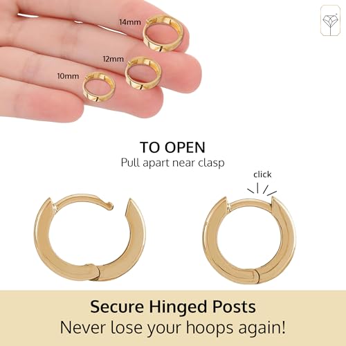 14K Solid Yellow Gold Huggie Earrings | Hypoallergenic Domed or Flat Style Small Hoop Earrings in Sizes 10mm, 12mm & 14mm | Small Gold Hoops by MAX + STONE4