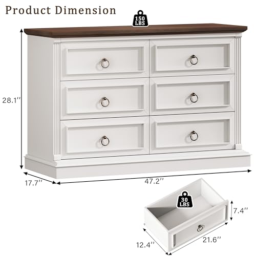Image of HUAHUU Farmhouse 6 Drawer Dresser for Bedroom, 47 inch Wide Chest of Drawers with Roman Column, White Wood Dresser with Antique Bronze Circle Handles, Storage Organizer for Living Room, Hallway, Entryway