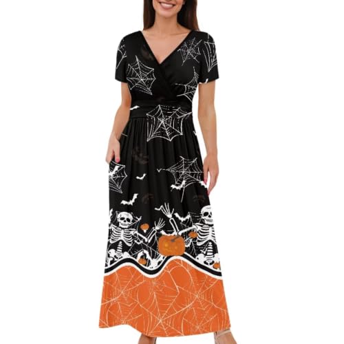 Image of Women's Fall Summer Short Sleeve Ankle Length V-Neck Party Dress with Pockets Size S-3XL