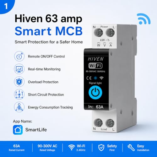 Image of Hiven | 63A Smart WiFi Switch for Heavy Duty Appliances | Overload Over /Under Voltage Protection | Single Phase