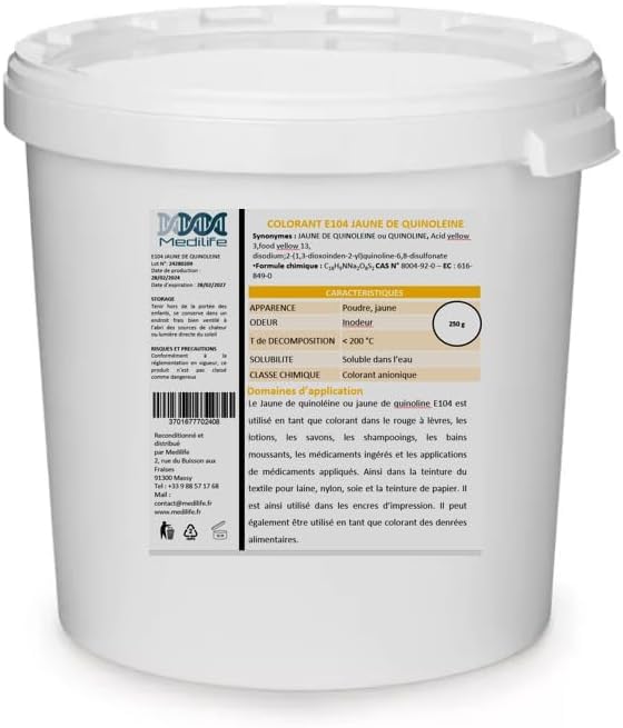 250g COLORANT E104 JAUNE DE QUINOLEINE ou QUINOLINE, Acid yellow 3, food yellow 13, disodium; 2-(1,3-dioxoinden-2-yl) quinoline-6,8-disulfonate