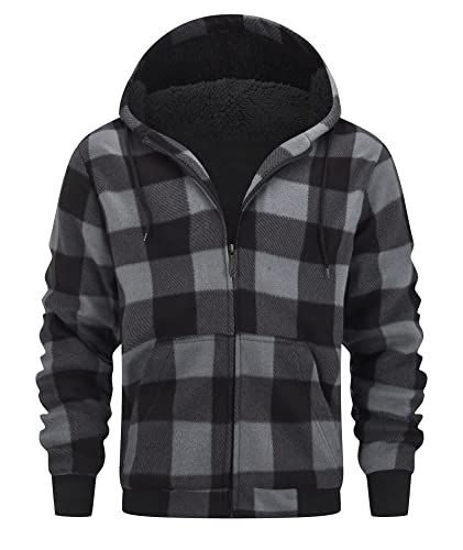 geeksport Men's Fleece Jacket Men Hoodie Full Zip Fleece for Man Sweatshirt Plaid Flannel Warm Winter Coat with Hood Dark Grey 3XL