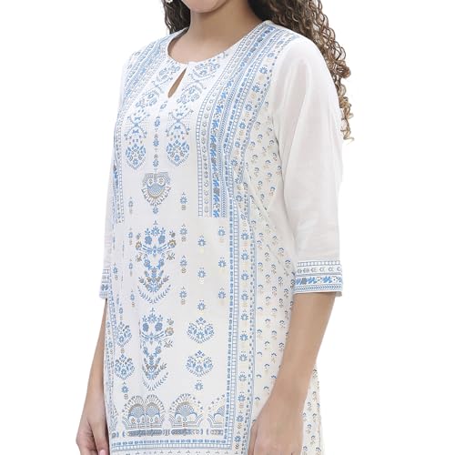 Image of Biba Women 100% Cotton 3 /4 Sleeve Round Neck Printed Kurta Set
