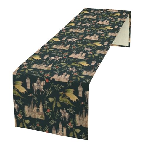 Dragon Table Runner, Fantasy Medieval Castle Dragon Knights and Floral Pattern for Home Kitchen Table Decor Dining Coffee Room Party Decor 13x60inch