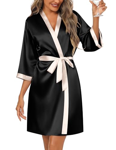 Ekouaer Women's Satin Robes Silk Kimono Bathrobe 3/4 Sleeve Bridal Bridesmaids Robes Soft Silky Sleepwear S-XXL