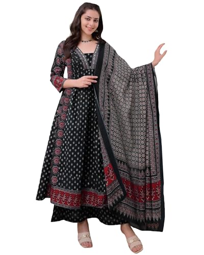 Image of ANNI Designer Women's Pure Cotton Anarkali Kurta Set for Women with Dupatta & Plazzo - Hand Block Print Suit Set | Stylish Dress | Cotton Kurta Set for Women