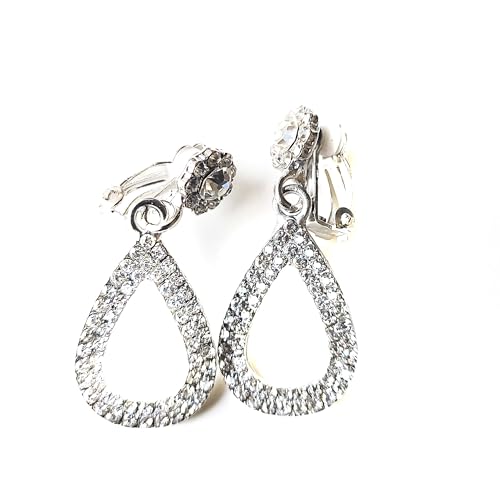 Clip-on Earrings Teardrop Crystal Rhinestone Dangle Earrings Gold or Silver Tone 2 inch L3