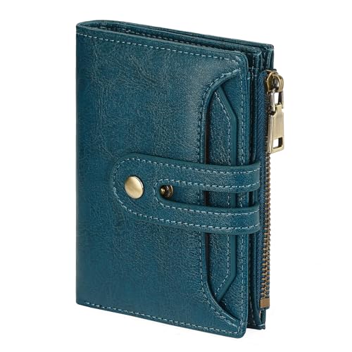 GOIACII Carteira pequena feminina de couro legítimo com bloqueio de RFID e compartimento para cartão com zíper para moedas, 2 janelas para identidade, B04 azul-petróleo