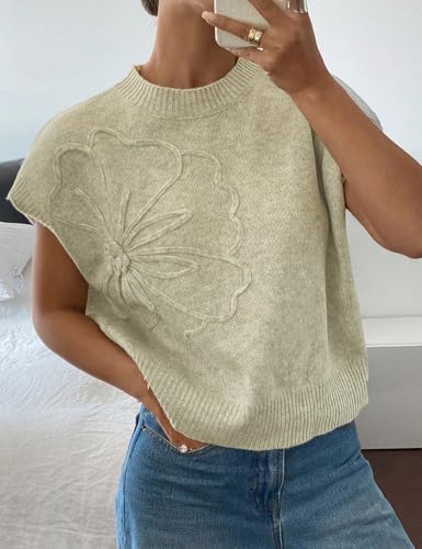 Image of Womens Casual Floral Flower Sweater Vest Crew Neck Sleeveless Summer Loose Ribbed Knit Pullover Tops