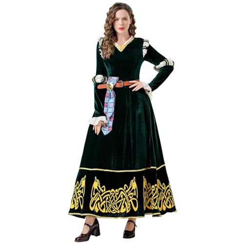 Vhersily Tapferes Prinzessinnenkleid für Damen, Merida Cosplay-Kleid, Grün, Mittelalterliches Halloween-Kostüm, Sommerabend, Cocktailkleid,...