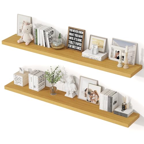 Image of 55 Inch Floating Shelves, 12 Inch Deep Floating Shelves for Wall, Extra Deeper & Thicker Wooden Wall Shelf with Invisible Brackets, Shelf for Bedroom Living Room Home Decor(Oak, Set of 2)