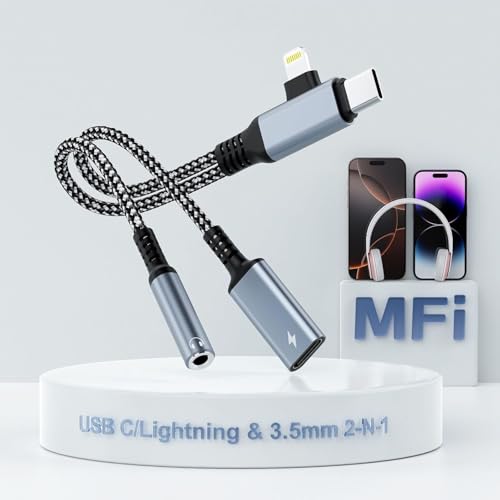 MTAKYI 2 en 2 Lightning USBC a 3,5 mm Auriculares y Adaptador de Carga, [Certificado MFi] USB C a AUX Audio Jack con PD 60 W Carga rápida dongle, Adaptador de Auriculares para iPhone 16/15 14/13