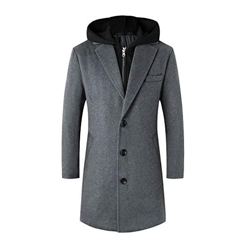 Image of Lisskolo Men's Wool Blend Overcoat with Detachable Hooded Trench Coat Hip Length
