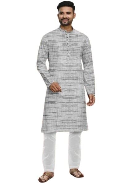 Men Khadi Cotton Kurta Pajama Set Long Sleeve Striped Design Mandarin Collar Ethnic Festive Traditional Outfit-picture-18
