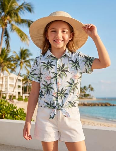 Image of Noomelfish Girls Tie Front Hawaiian Shirt Summer Floral Tropic Short Sleeve Button Down Tops (5-14 Years)